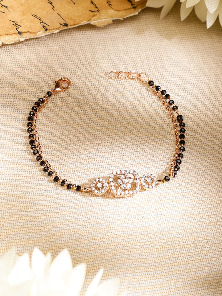 Rubans Rose Gold-Plated White Cubic Zirconia Studded Floral Mangalsutra Bracelet with Black Beads for Women Mangalsutra