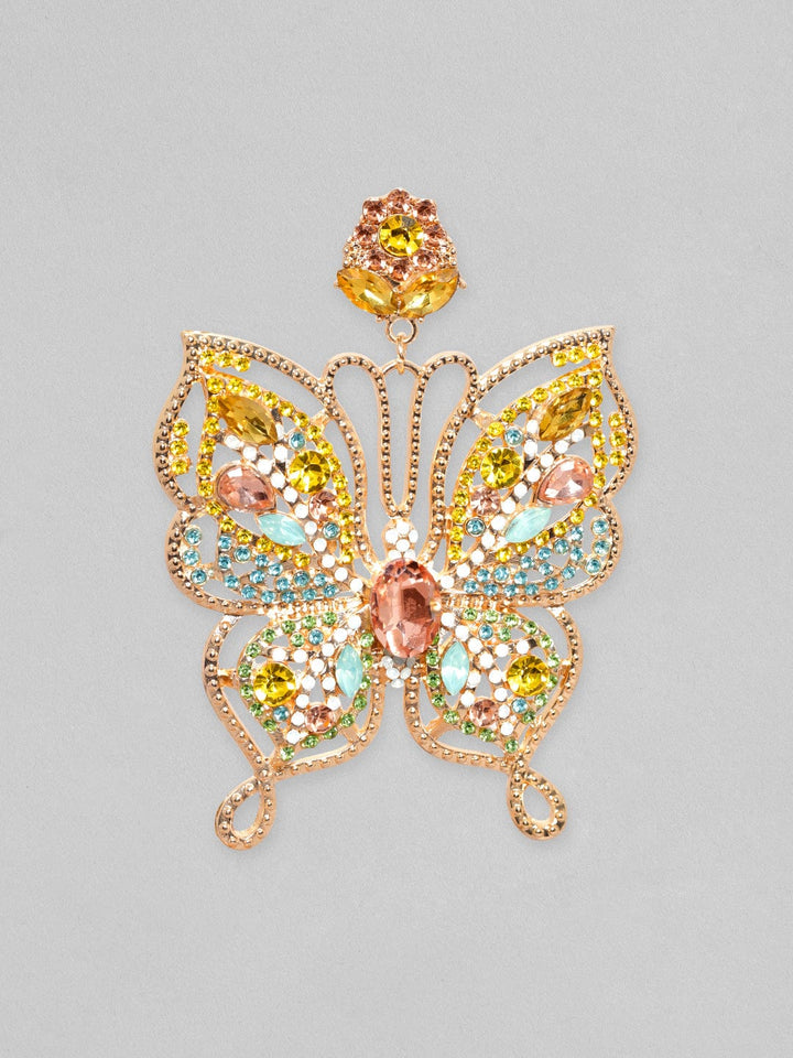 Rubans Rose Gold Toned Multicoloured Zircons Studded Statement Butterfly Dangle Earrings Earrings