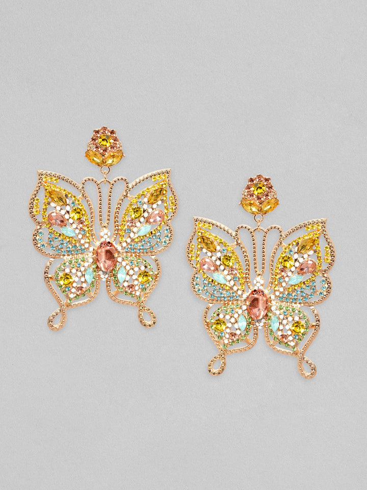 Rubans Rose Gold Toned Multicoloured Zircons Studded Statement Butterfly Dangle Earrings Earrings