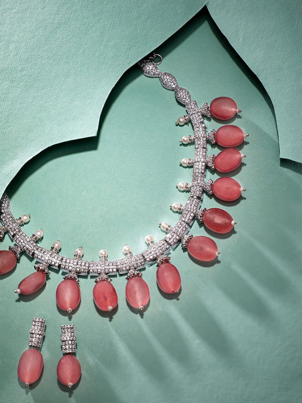 Rubans Rose Petal Elegance: Pink Beaded AD Necklace Set Jewellery Sets