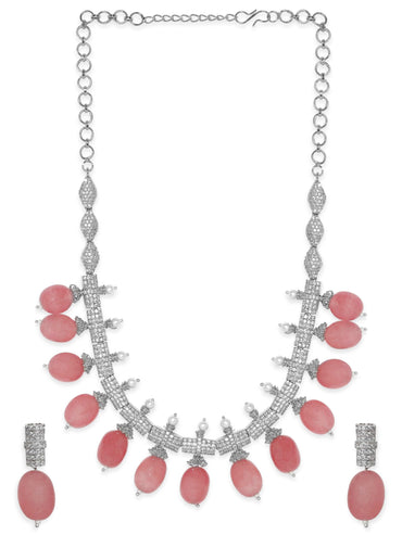 Rubans Rose Petal Elegance: Pink Beaded AD Necklace Set Jewellery Sets