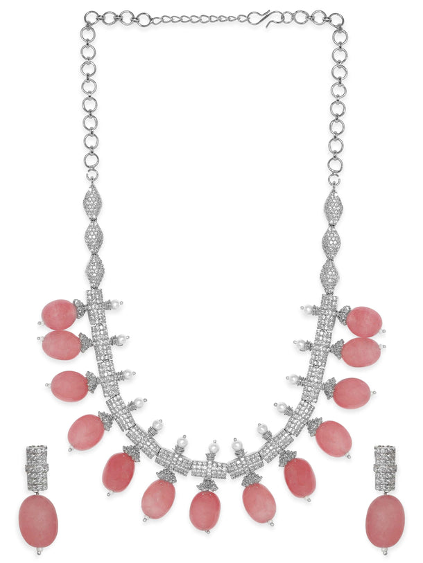 Rubans Rose Petal Elegance: Pink Beaded AD Necklace Set Jewellery Sets