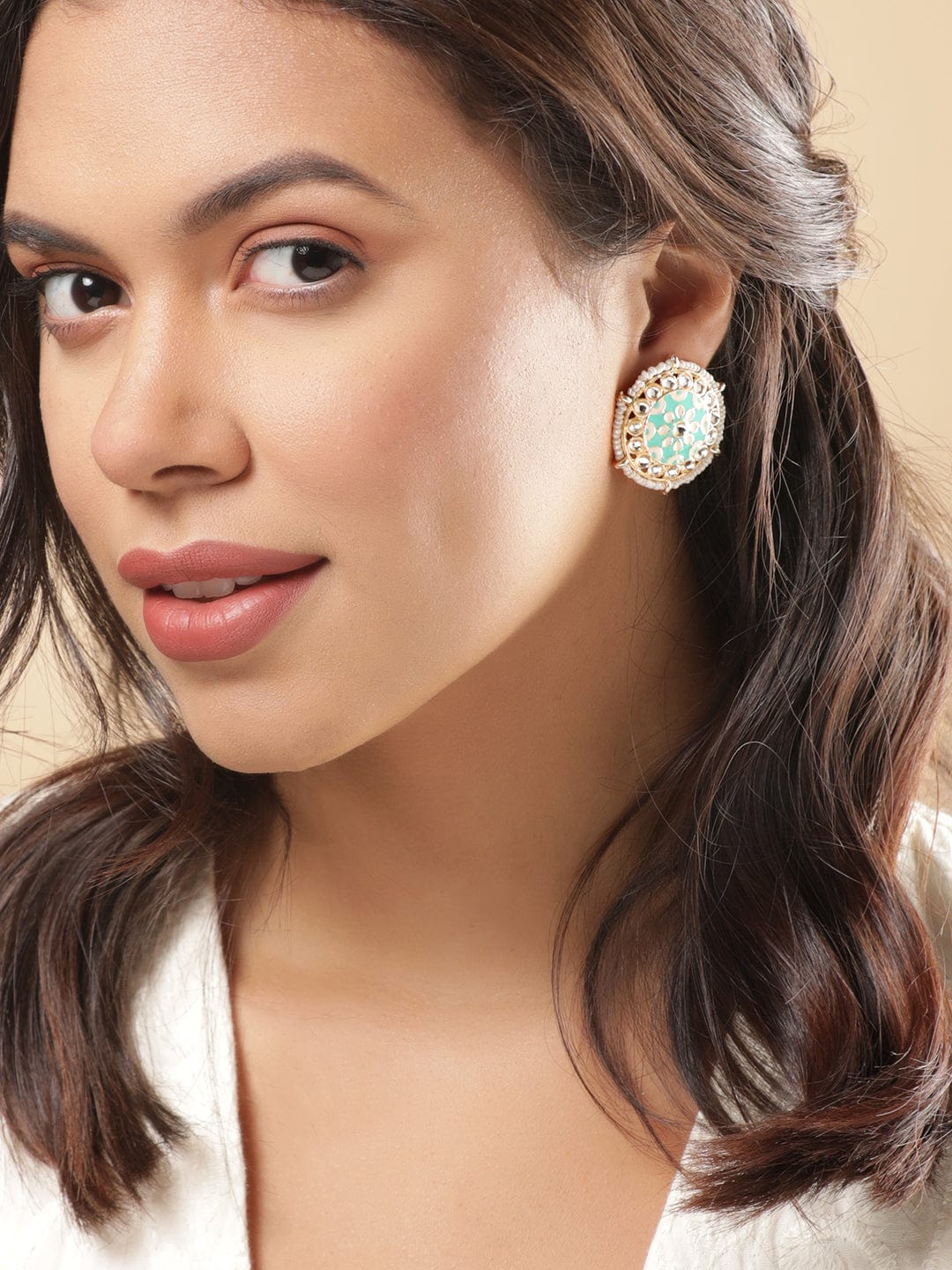 Rubans Round Meenakari Earrings with White Beads and Small Stones Earrings