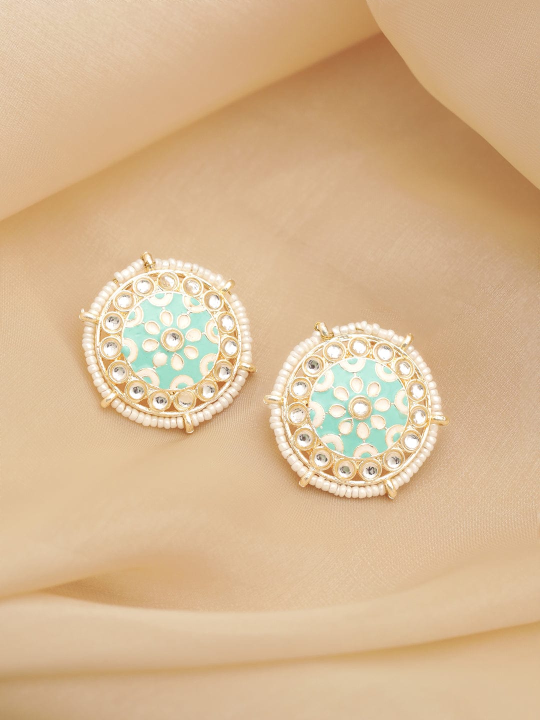 Rubans Round Meenakari Earrings with White Beads and Small Stones Earrings