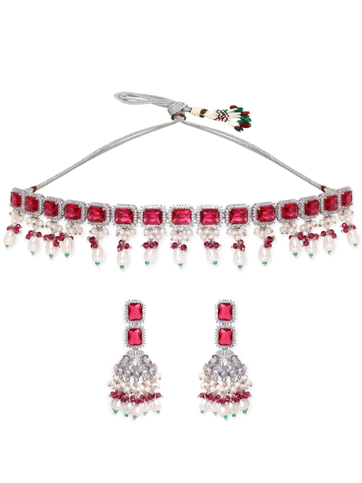 Rubans Royal Radiance Rhodium Plated Ruby Studded Jewelry Set with Zirconia and Pearl Beads Jewellery Sets