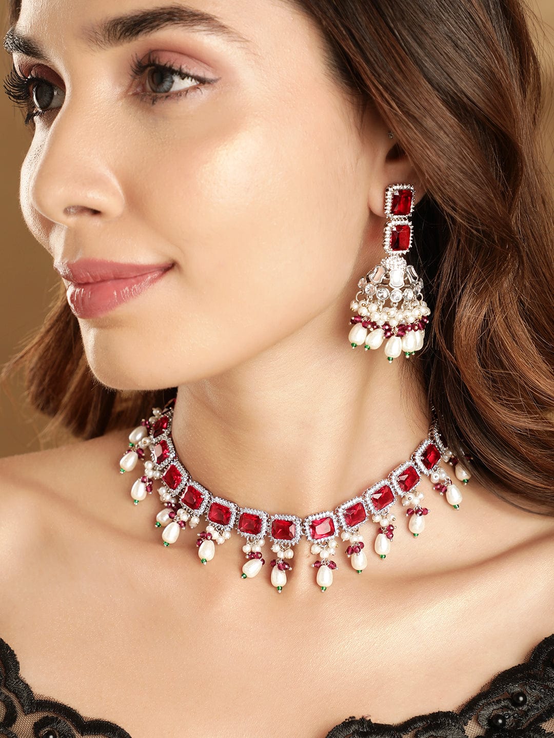 Rubans Royal Radiance Rhodium Plated Ruby Studded Jewelry Set with Zirconia and Pearl Beads Necklaces, Necklace Sets, Chains & Mangalsutra