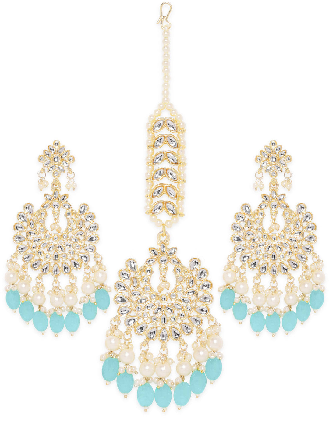 Rubans Royal Splendor 22K Gold Plated Kundan Jewelry Set with Pearl Beaded Accents Earrings & mangtika Combo