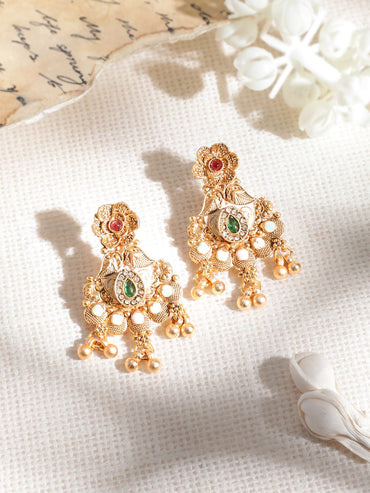 Rubans Rubans 18KT Gold Plated Antique Floral Motif AD and Kundan Studded Temple Jewellery Set Necklace Sets