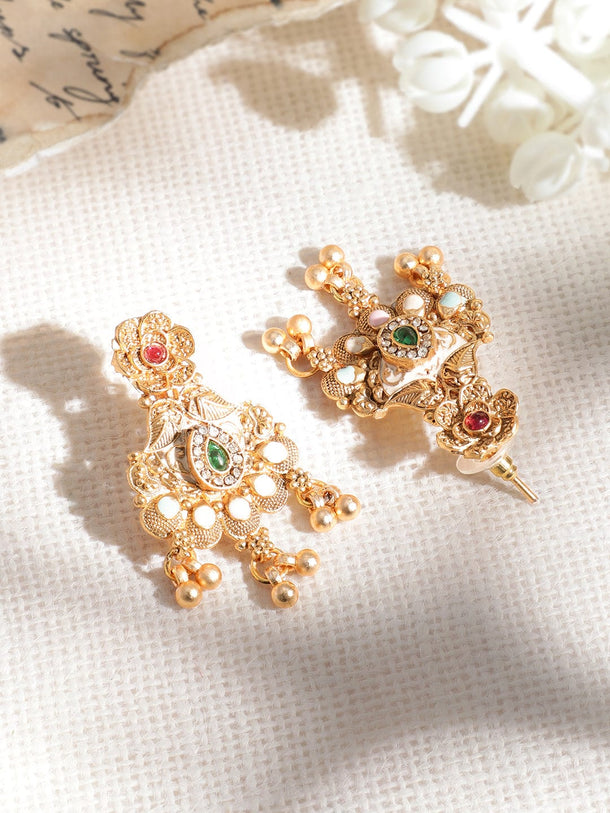 Rubans Rubans 18KT Gold Plated Antique Floral Motif AD and Kundan Studded Temple Jewellery Set Necklace Sets