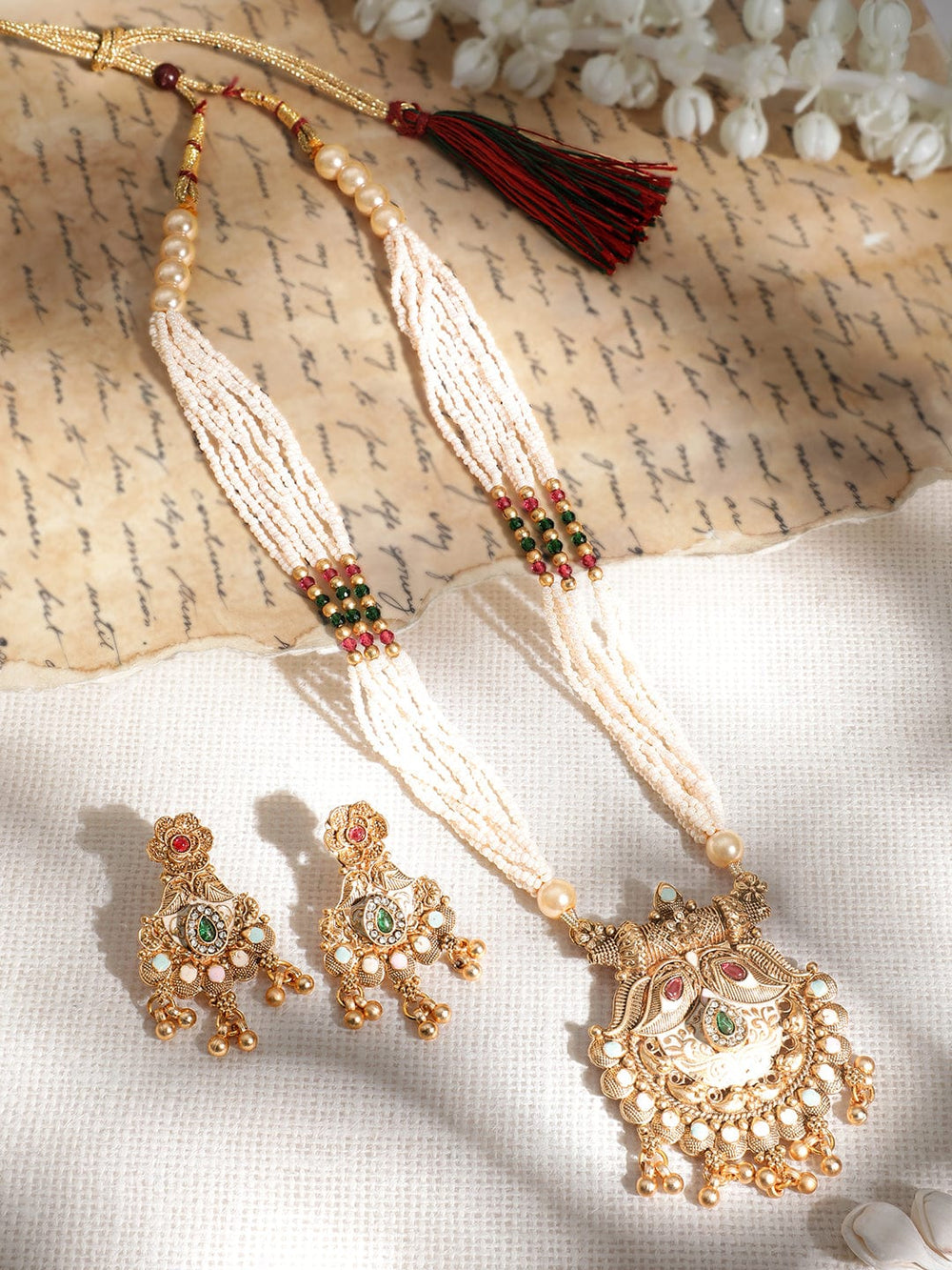 Rubans Rubans 18KT Gold Plated Antique Floral Motif AD and Kundan Studded Temple Jewellery Set Necklace Sets