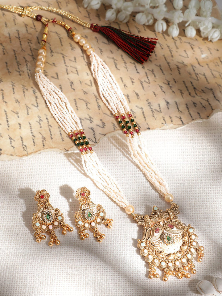 Rubans Rubans 18KT Gold Plated Antique Floral Motif AD and Kundan Studded Temple Jewellery Set Necklace Sets