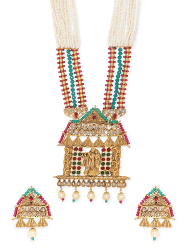 Rubans Sacred Love: Lord Krishna and Radha Temple Jewellery Gold Tone Pendant with Pearls Hanging and White Beads Chain Necklace Set Jewellery Sets