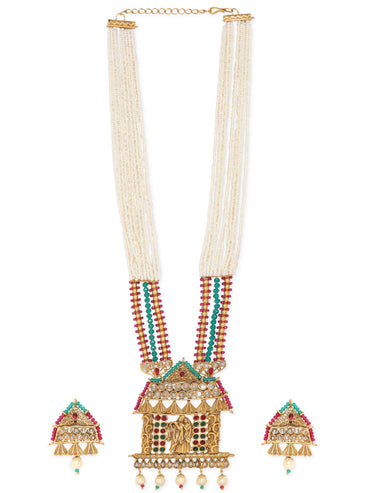 Rubans Sacred Love: Lord Krishna and Radha Temple Jewellery Gold Tone Pendant with Pearls Hanging and White Beads Chain Necklace Set Jewellery Sets