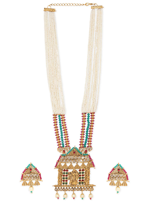 Rubans Sacred Love: Lord Krishna and Radha Temple Jewellery Gold Tone Pendant with Pearls Hanging and White Beads Chain Necklace Set Jewellery Sets
