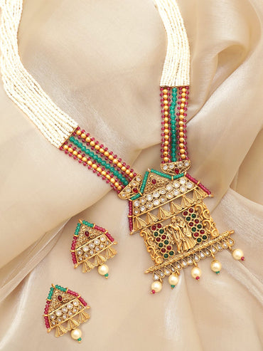 Rubans Sacred Love: Lord Krishna and Radha Temple Jewellery Gold Tone Pendant with Pearls Hanging and White Beads Chain Necklace Set Jewellery Sets