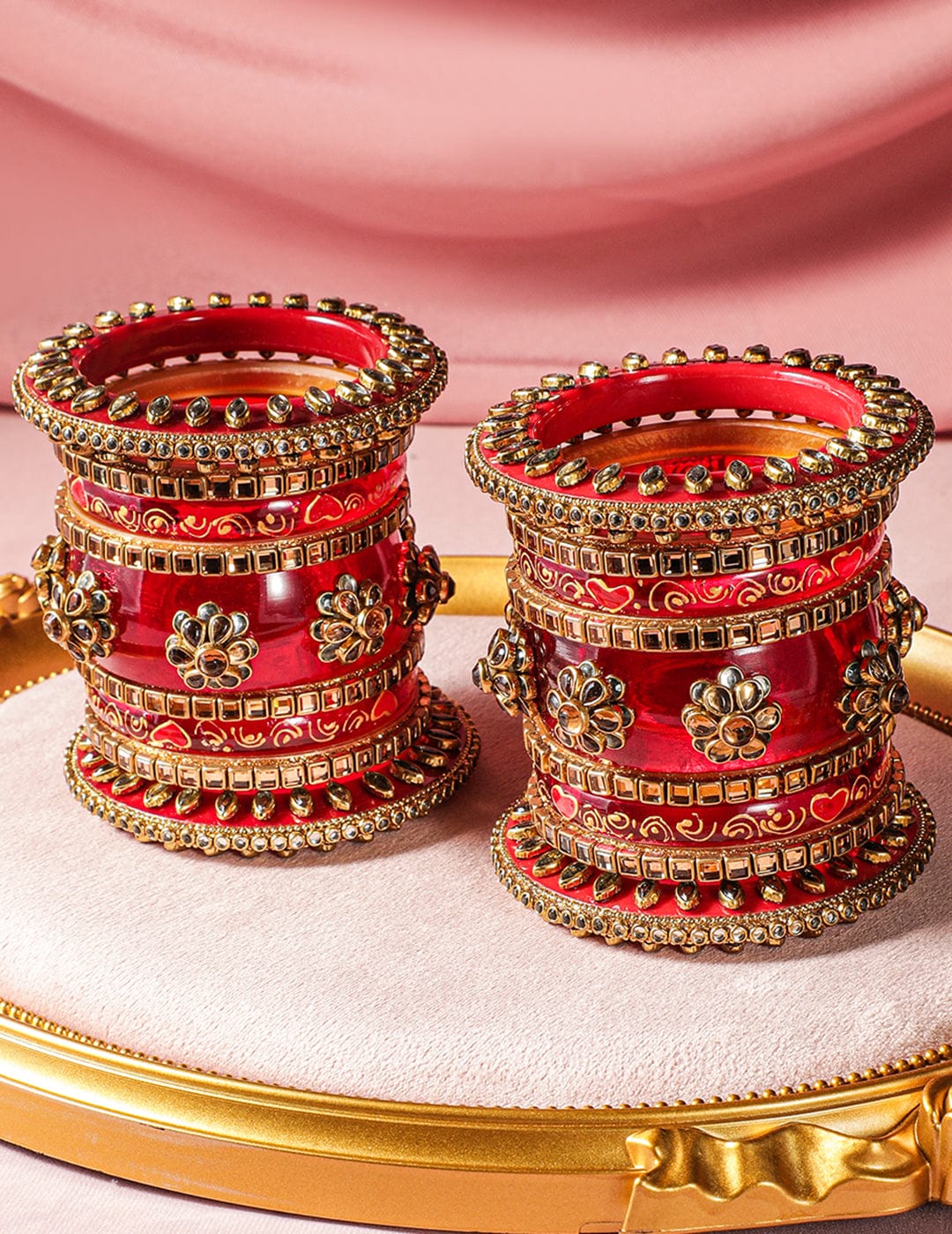 Rubans Set of 18 Gold-Plated Bridal Chura Bangles with Floral Motifs and Red Detailing Bangles