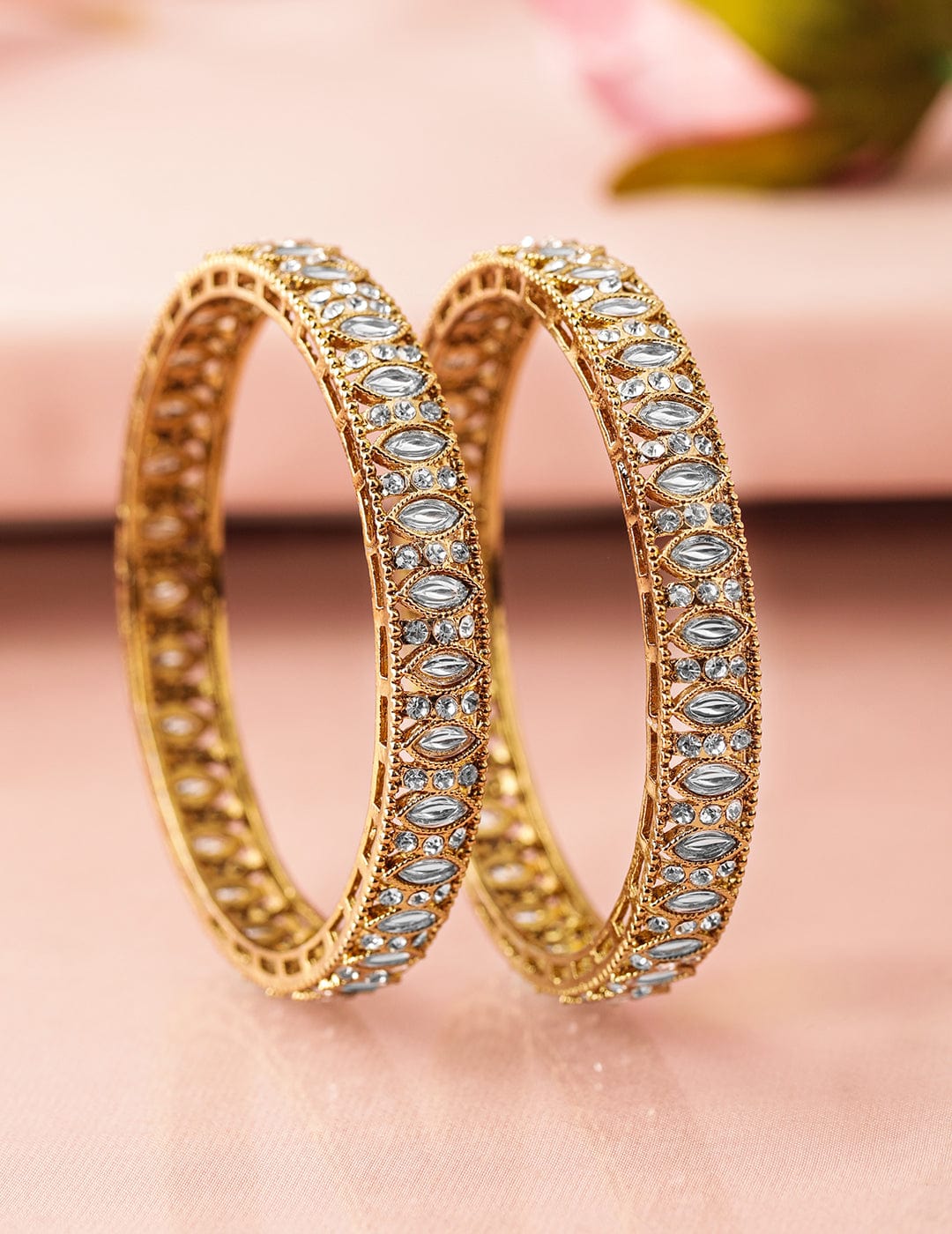 Rubans Set of 2 18 K Mehandi Gold-Plated Bangles with Cubic Zirconia & White Stone Details Bangles