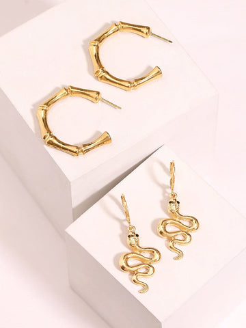 Rubans Set of 2 18K Gold Plated Bamboo Hoop & Snake Drop Earrings - Unique Statement Set Earrings