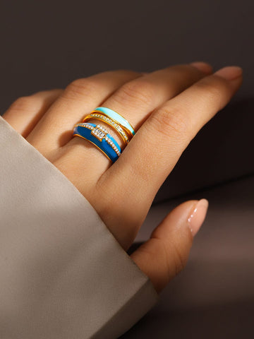 Rubans Set of 2, 18K Gold-Plated Blue Enamel & Cubic Zirconia Studded Openable Rings Finger Ring