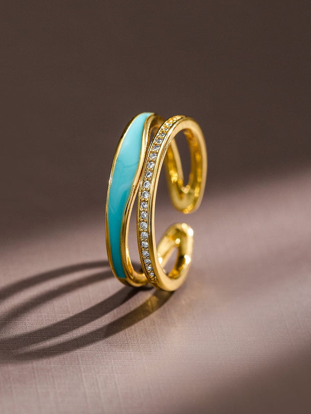 Rubans Set of 2, 18K Gold-Plated Blue Enamel & Cubic Zirconia Studded Openable Rings Rings