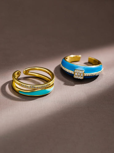 Rubans Set of 2, 18K Gold-Plated Blue Enamel & Cubic Zirconia Studded Openable Rings Rings