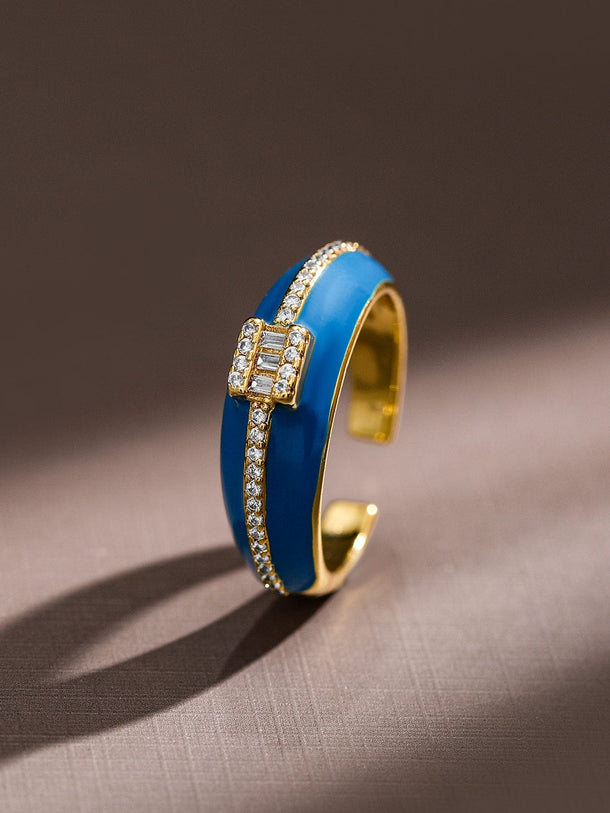 Rubans Set of 2, 18K Gold-Plated Blue Enamel & Cubic Zirconia Studded Openable Rings Rings