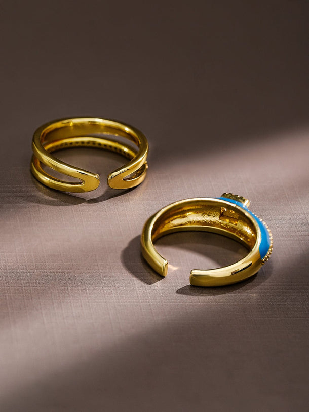 Rubans Set of 2, 18K Gold-Plated Blue Enamel & Cubic Zirconia Studded Openable Rings Rings
