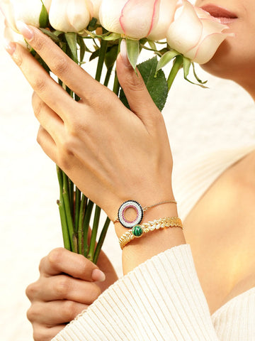 Rubans Set of 2, 18K Gold-Plated Bracelets with Beaded Circular Design & Green Stone Cuff Bangles & Bracelet
