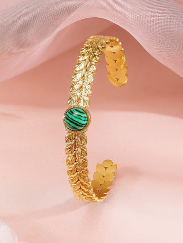 Rubans Set of 2, 18K Gold-Plated Bracelets with Beaded Circular Design & Green Stone Cuff Wristwear