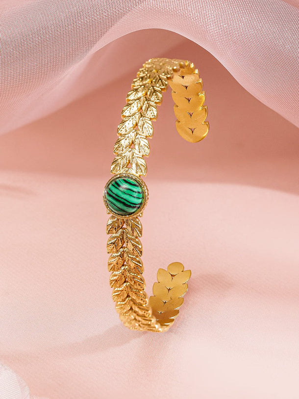 Rubans Set of 2, 18K Gold-Plated Bracelets with Beaded Circular Design & Green Stone Cuff Wristwear