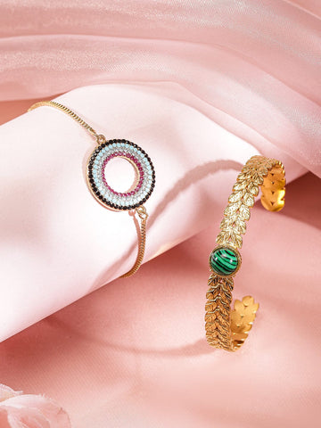 Rubans Set of 2, 18K Gold-Plated Bracelets with Beaded Circular Design & Green Stone Cuff Wristwear