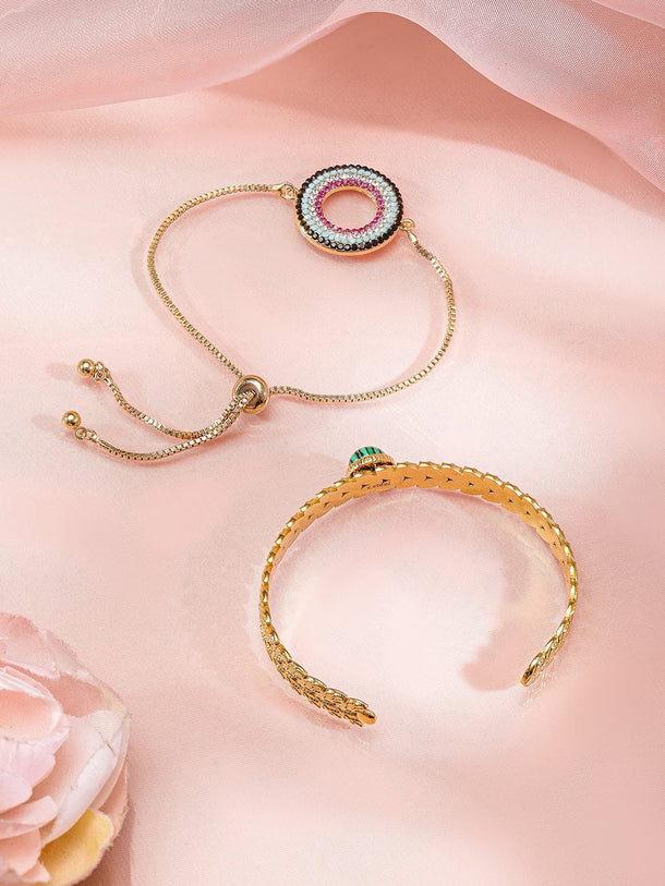 Rubans Set of 2, 18K Gold-Plated Bracelets with Beaded Circular Design & Green Stone Cuff Wristwear