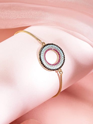 Rubans Set of 2, 18K Gold-Plated Bracelets with Beaded Circular Design & Green Stone Cuff Wristwear
