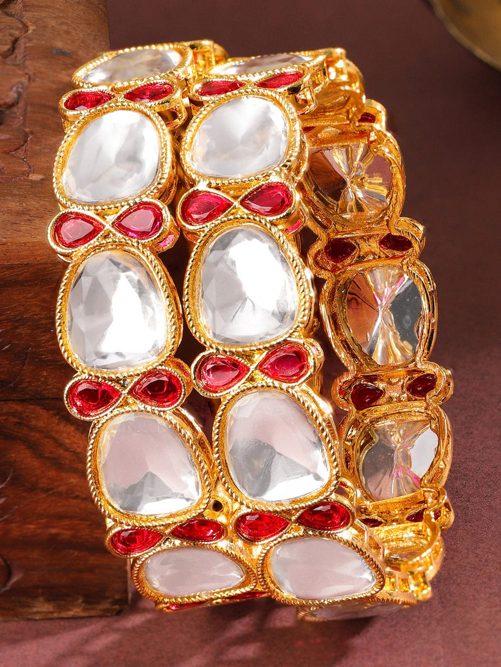 Rubans Set of 2 18K Gold-Plated Crystal White Cubic Zirconia & Ruby Red Stone Studded Bangles Bangles