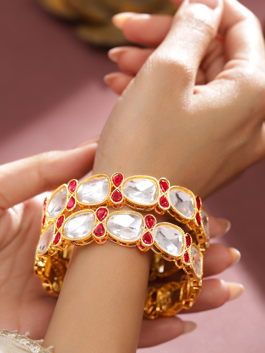 Rubans Set of 2 18K Gold-Plated Crystal White Cubic Zirconia & Ruby Red Stone Studded Bangles Bangles