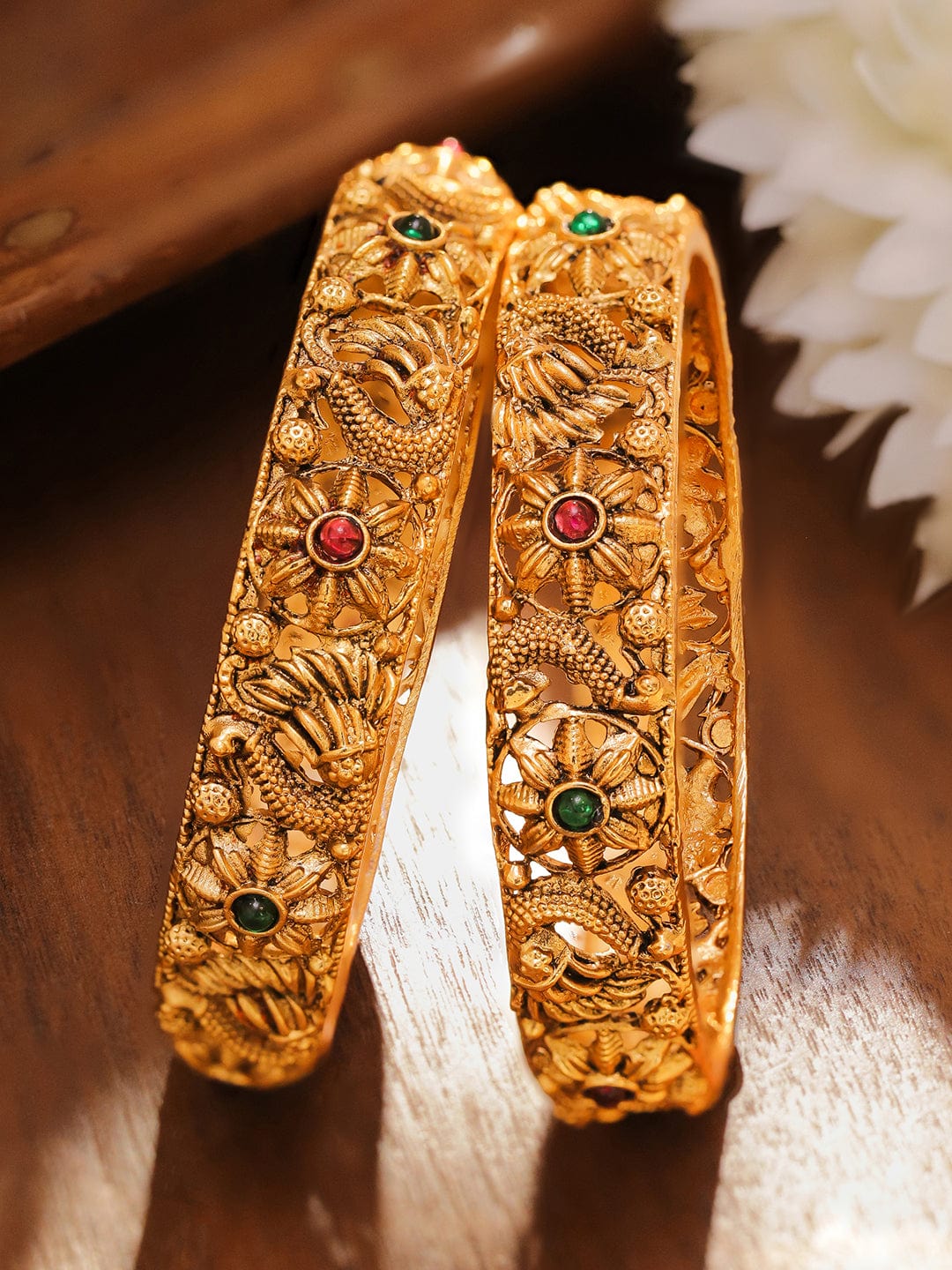 Rubans Set of 2 18K Gold-Plated Emerald Green & Ruby Pink Stone-Studded Floral Peacock Design Bangles Bangles & Bracelets