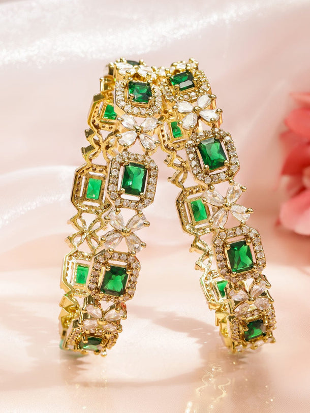 Rubans Set of 2 18K Gold-Plated Emerald Green & White Cubic Zirconia Studded Floral Bangle Bangles & Bracelets