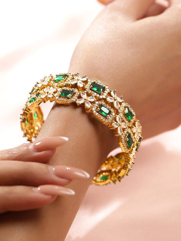 Rubans Set of 2 18K Gold-Plated Emerald Green & White Cubic Zirconia Studded Floral Bangle Bangles & Bracelets