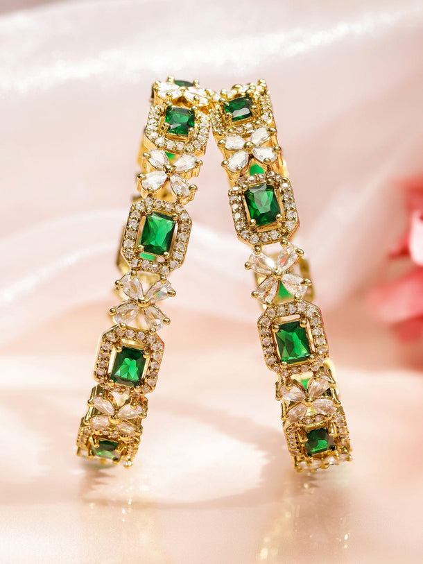 Rubans Set of 2 18K Gold-Plated Emerald Green & White Cubic Zirconia Studded Floral Bangle Bangles & Bracelets