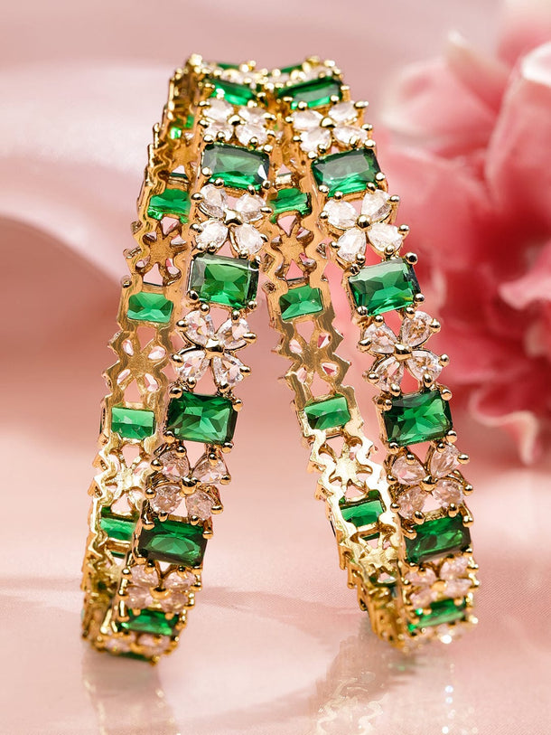 Rubans Set of 2 18K Gold-Plated Emerald Green & White Zirconia Floral Studded Bangles Bangles & Bracelets