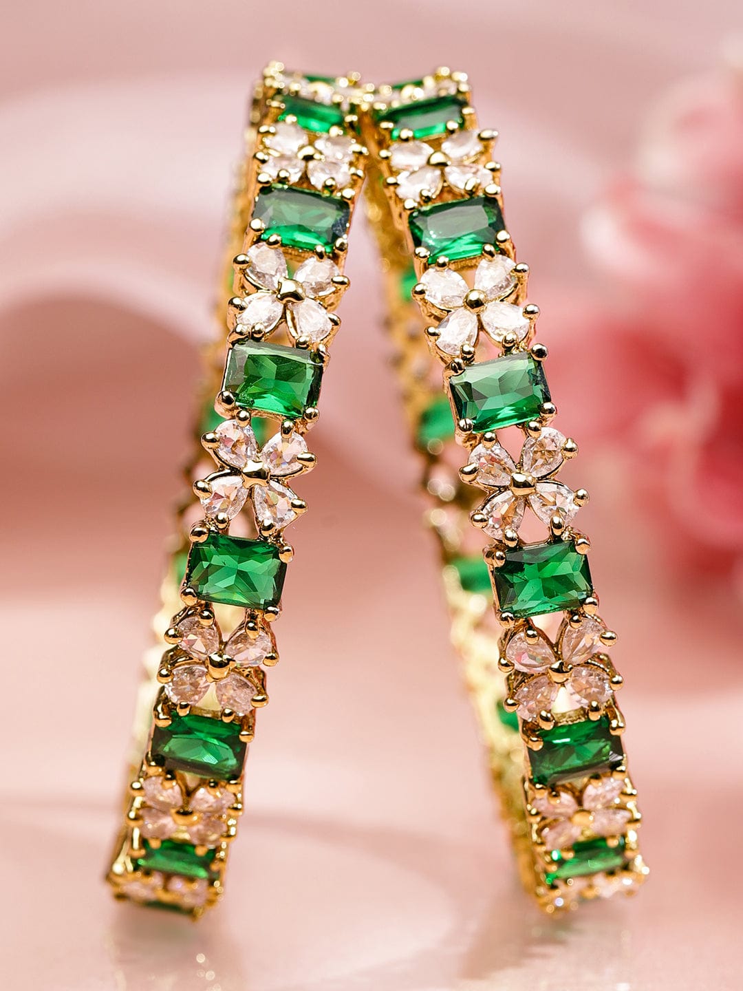 Rubans Set of 2 18K Gold-Plated Emerald Green & White Zirconia Floral Studded Bangles Bangles & Bracelets