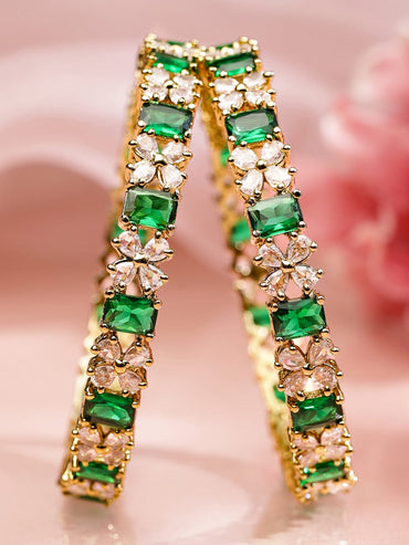 Rubans Set of 2 18K Gold-Plated Emerald Green & White Zirconia Floral Studded Bangles Bangles & Bracelets