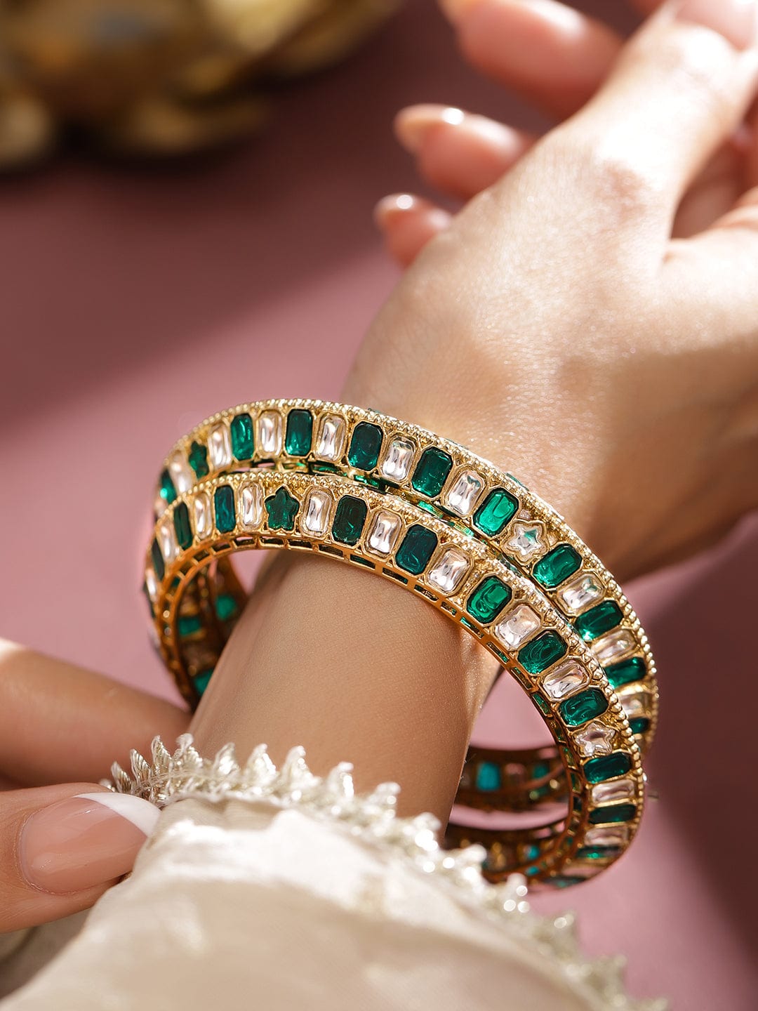 Rubans Set of 2 18K Gold-Plated Emerald Green & White Zirconia Stone Studded Bangles Bangles