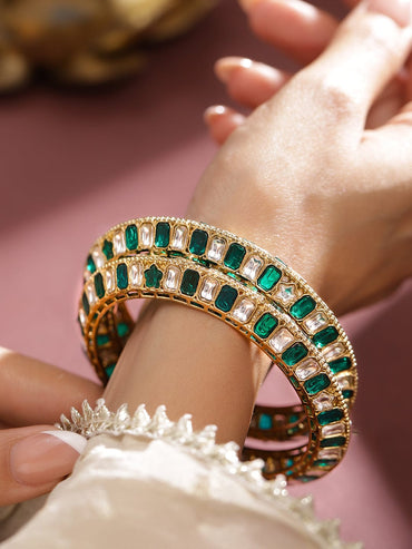 Rubans Set of 2 18K Gold-Plated Emerald Green & White Zirconia Stone Studded Bangles Bangles