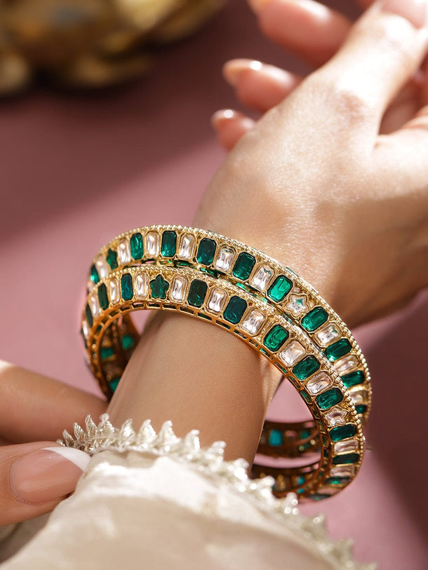 Rubans Set of 2 18K Gold-Plated Emerald Green & White Zirconia Stone Studded Bangles Bangles