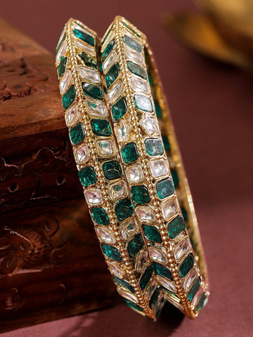 Rubans Set of 2 18K Gold-Plated Emerald Green & White Zirconia Stone Studded Bangles Bangles