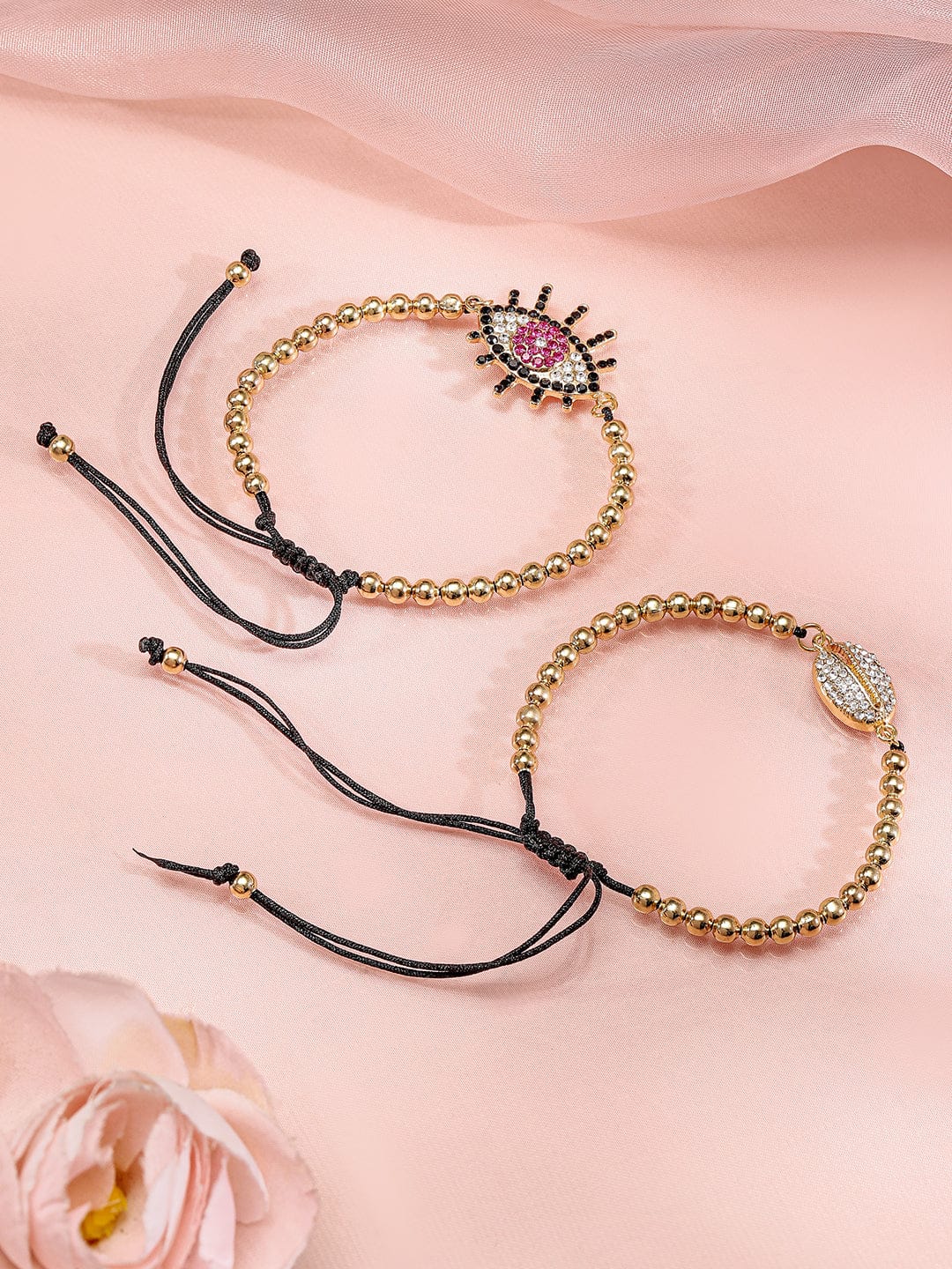 Rubans Set of 2, 18K Gold-Plated Evil Eye & Cowrie Shell Motif Bracelets Wristwear