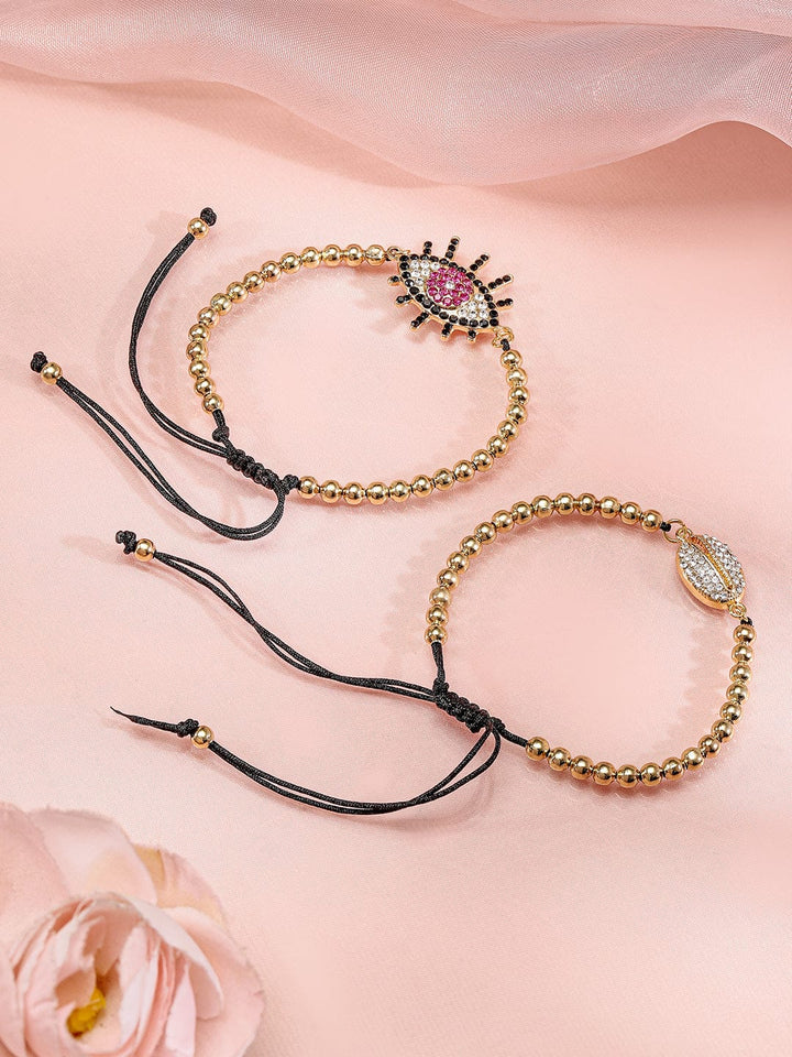 Rubans Set of 2, 18K Gold-Plated Evil Eye & Cowrie Shell Motif Bracelets Wristwear