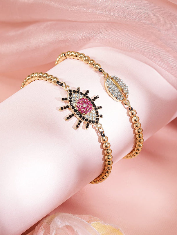 Rubans Set of 2, 18K Gold-Plated Evil Eye & Cowrie Shell Motif Bracelets Wristwear
