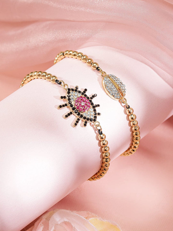 Rubans Set of 2, 18K Gold-Plated Evil Eye & Cowrie Shell Motif Bracelets Wristwear